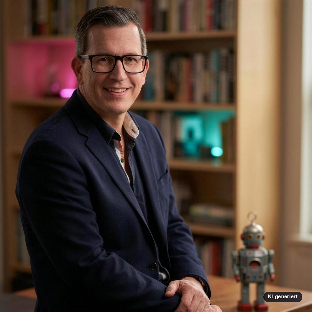 Thomas Schwittlich am Schreibtisch vor einem Bücherregal, daneben ein Blechroboter – Autorenporträt zum Wissensbereich von KI Strategium