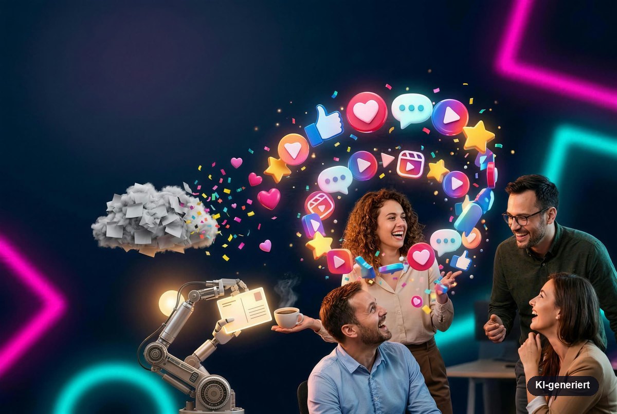 Ein Roboterarm reicht fertige Beiträge und Kaffee, während ein Team entspannt zusieht – Sinnbild für die betreute Social-Media-Variante von KI Strategium