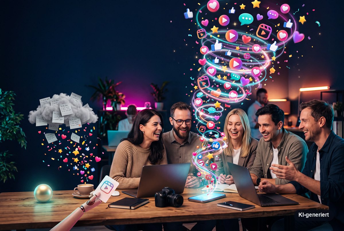 Ein Team arbeitet gemeinsam am Laptop, darüber ein Wirbel aus Social-Media-Symbolen – das Marketing-Cockpit bringt Ordnung in die Beitragsproduktion