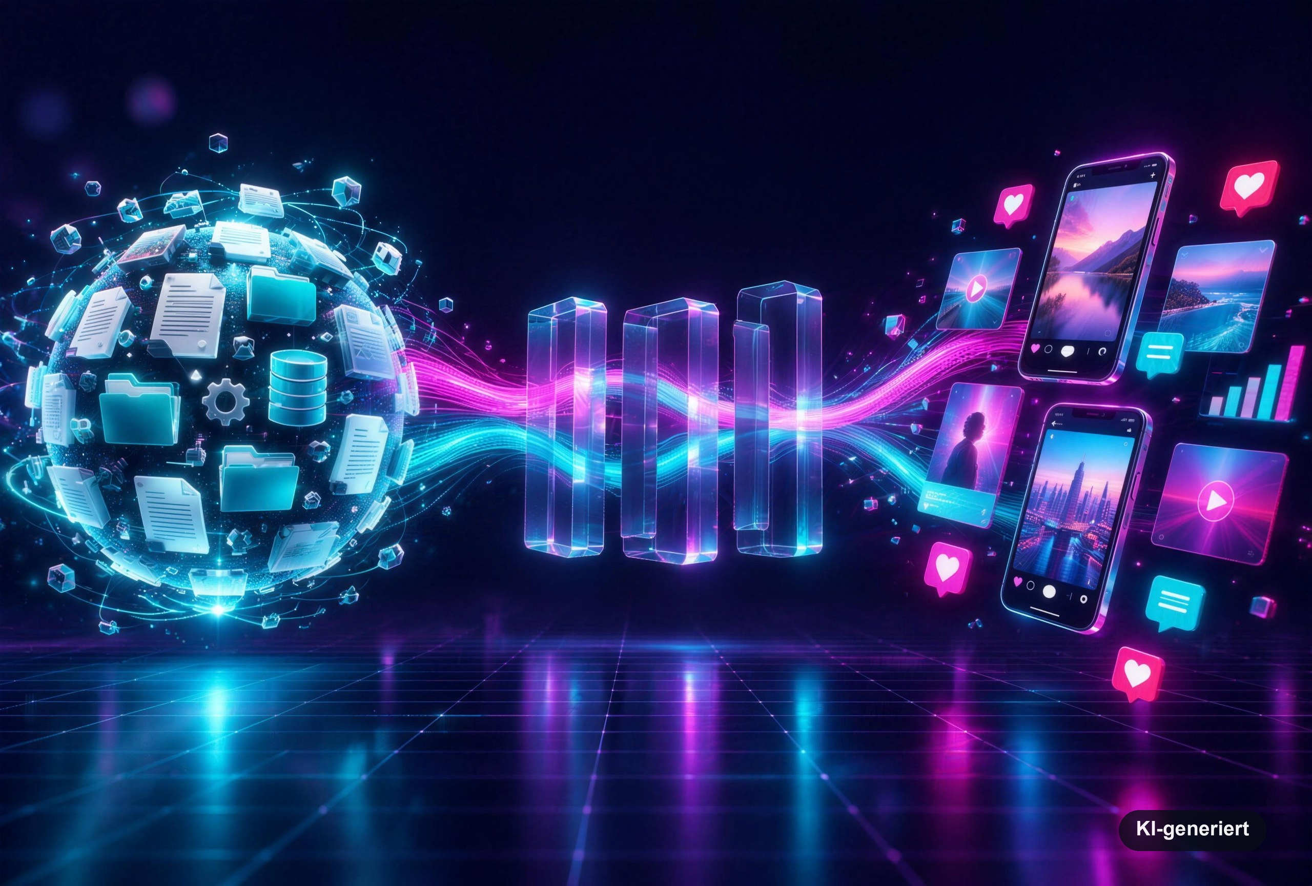 Wissenskugel aus Dokumenten, Ordnern und Datenbanken, aus der zwei Lichtströme durch gläserne Prismen zu fertigen Social-Media-Beiträgen auf Smartphones fließen – Keyvisual für die Leistungen von KI Strategium