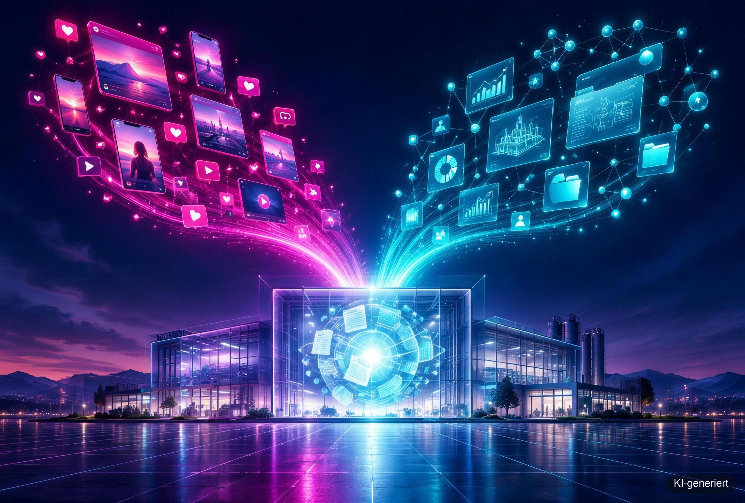 Gläserner Betrieb mit zwei Lichtbögen: pink für Social-Media-Inhalte, türkis für strukturiertes Unternehmenswissen – Keyvisual von KI Strategium