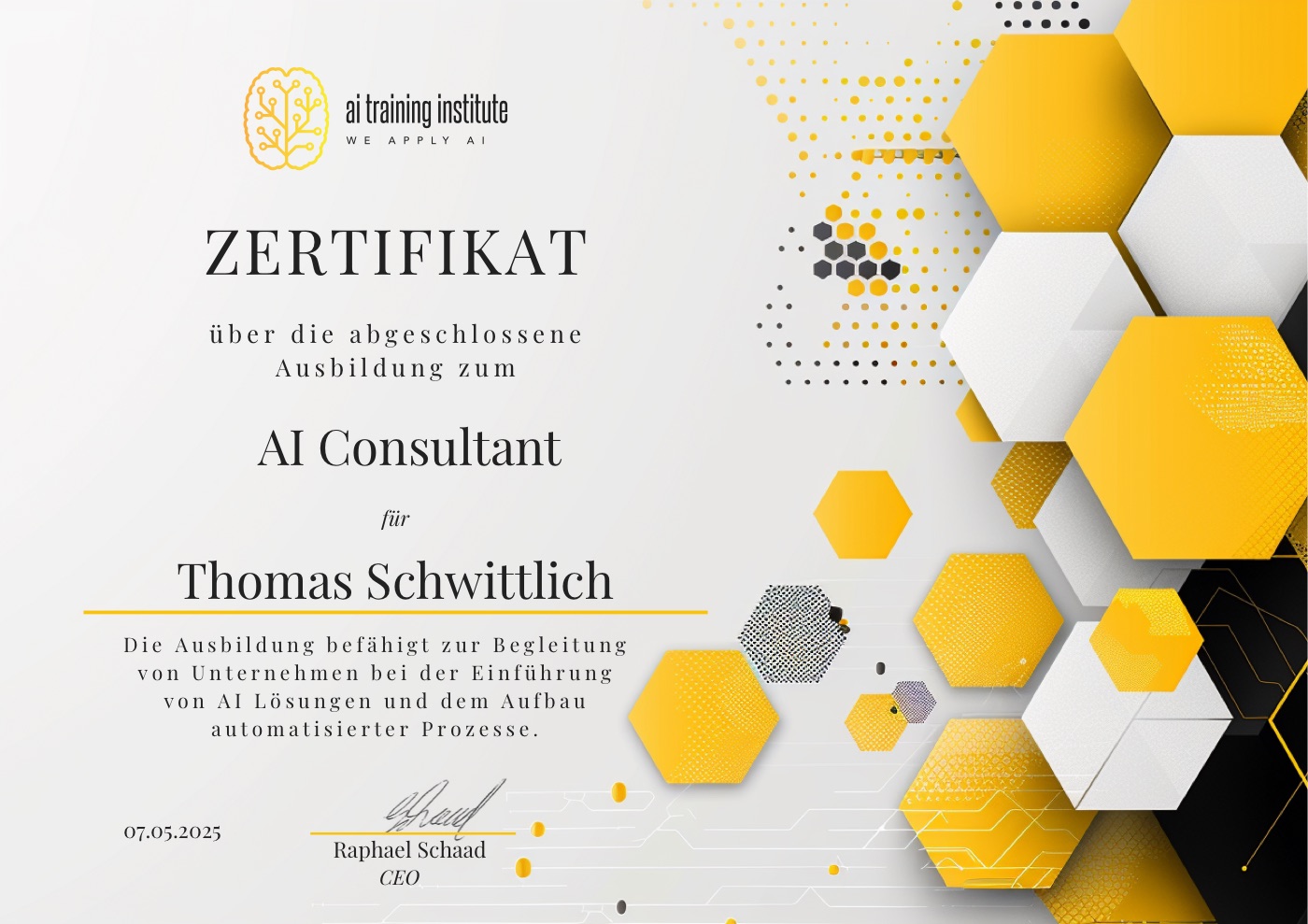 Zertifikat: AI Consultant, AI Training Institute, Mai 2025