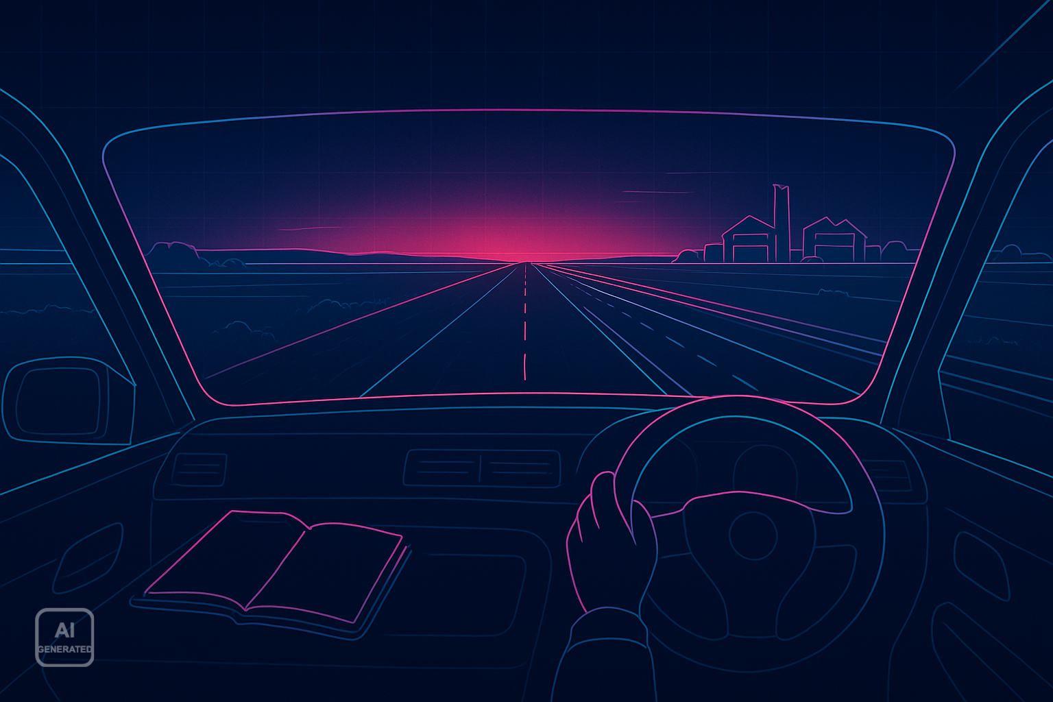 Unterwegs zwischen Landstraße und Autobahn Illustration: Blick aus dem Autocockpit auf eine gerade Straße bei Sonnenuntergang, Symbolbild für KI im Mittelstand